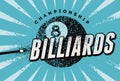 Billiards Championship typographical vintage grunge style poster design. Retro vector illustration. Royalty Free Stock Photo